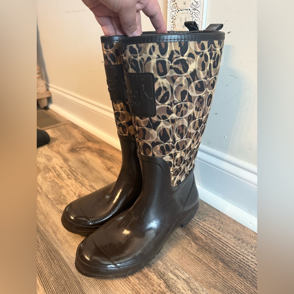 Coach Animal Print Rain Boots with Dark Brown